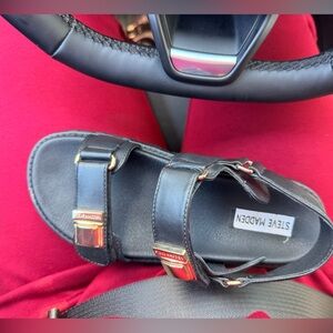 Steve Madden Black Leather Double-Strap Sandals with Gold Accents